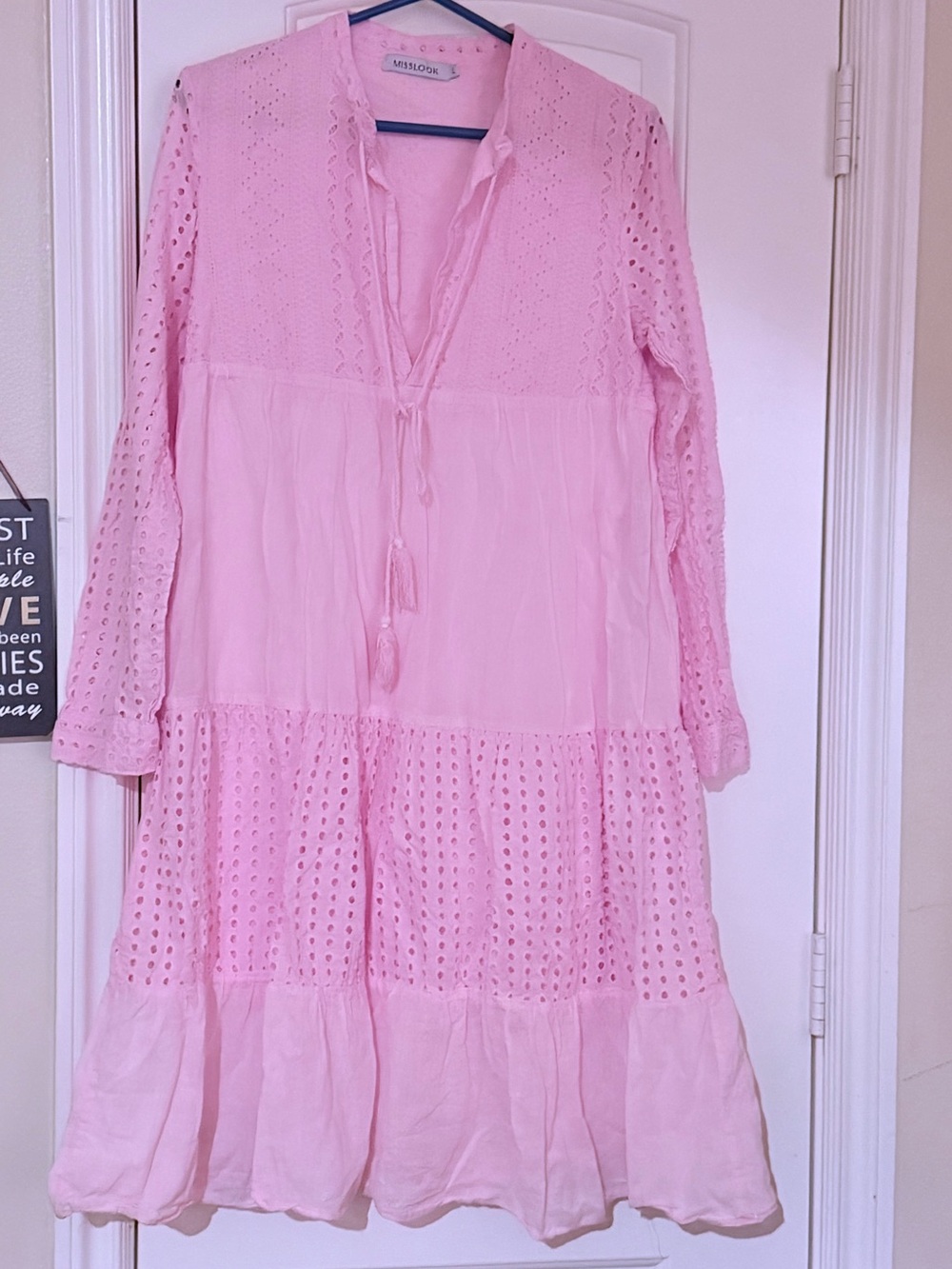 MISSLOOK Pink Eyelet Tassel Tiered Dress
